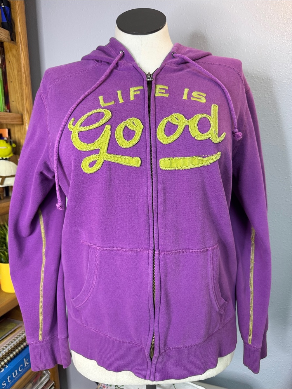 Life Is Good Women's Purple Zip Hoodie with Lime Applique